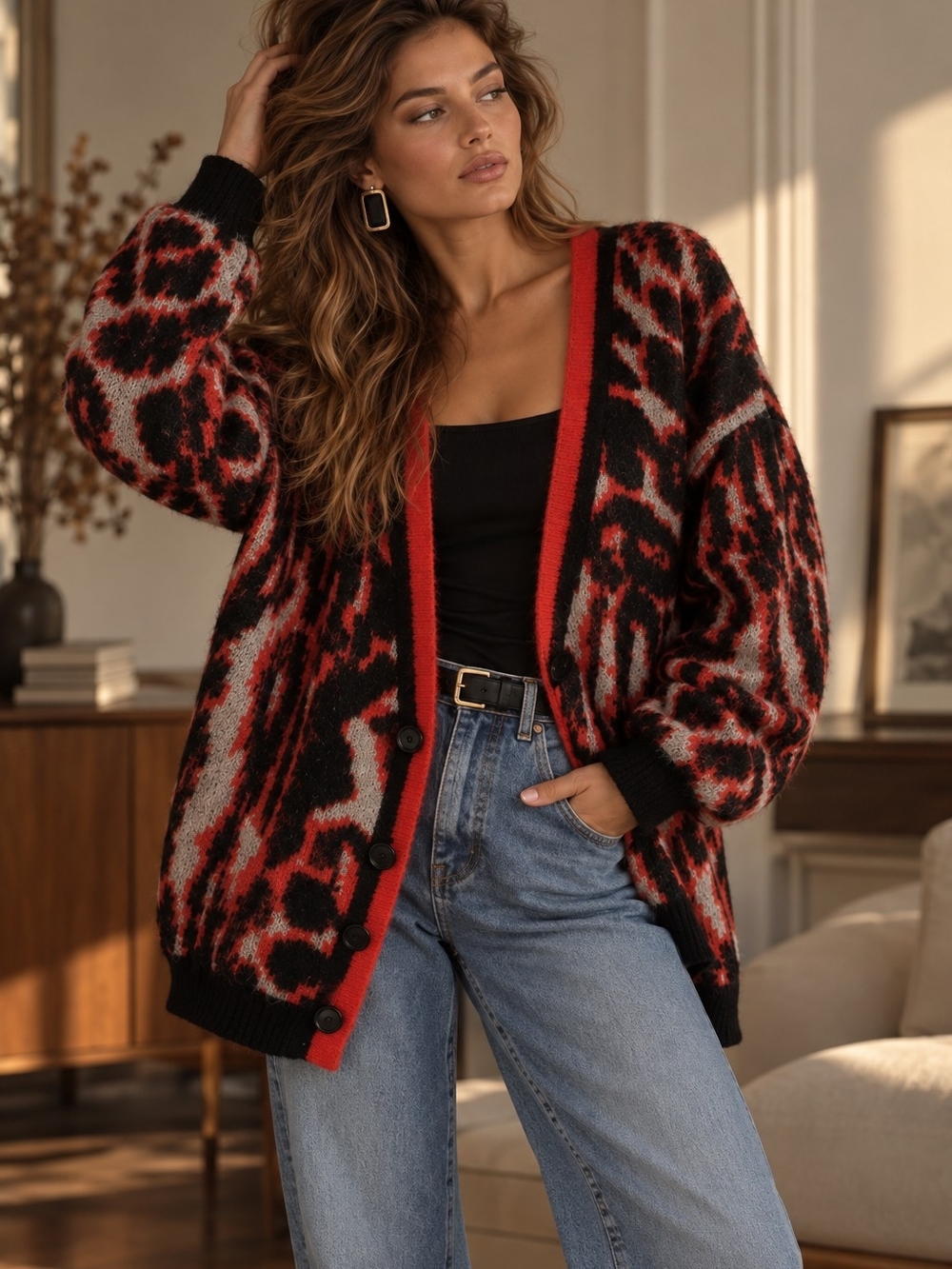 GUESS 32% Alpaca Blend Oversized Cardigan Abstract Animal Print Black Red